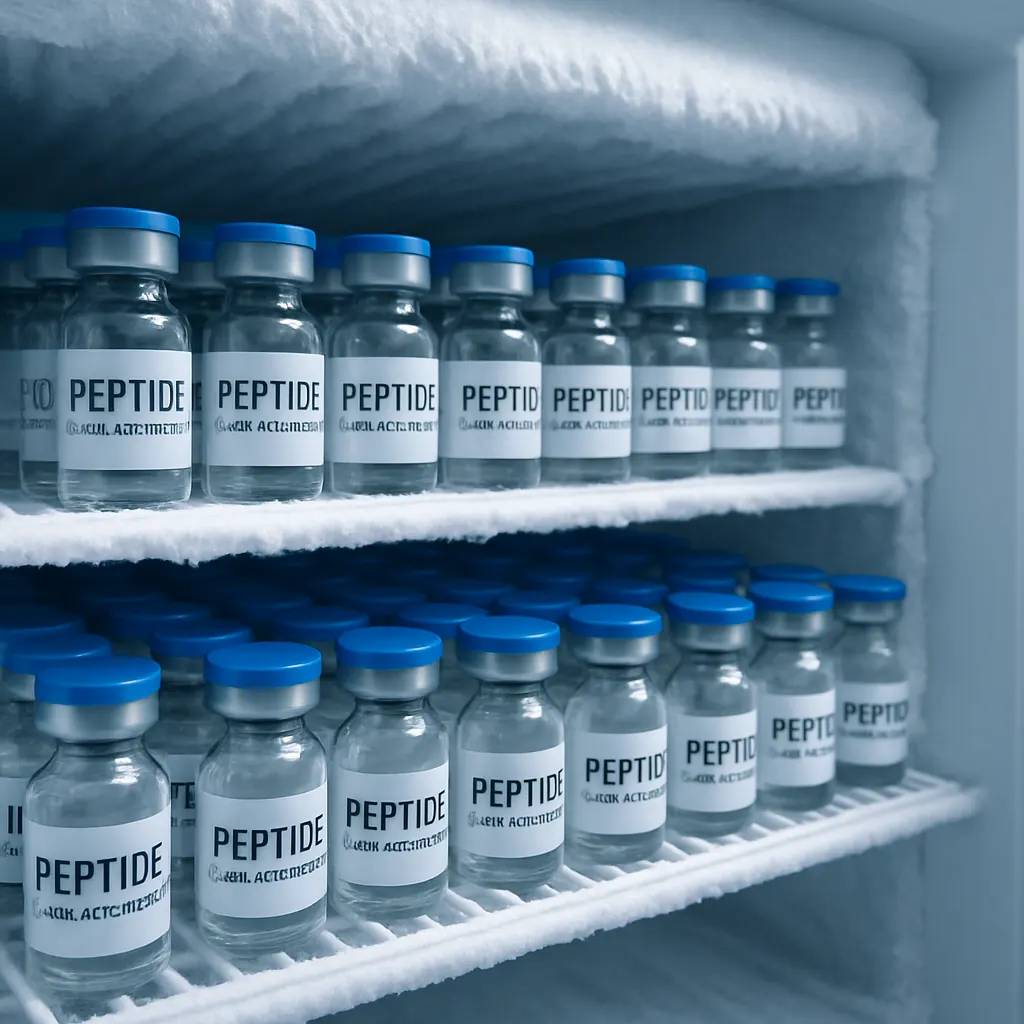 Peptide vials in freezer showing proper cold storage and amber protection