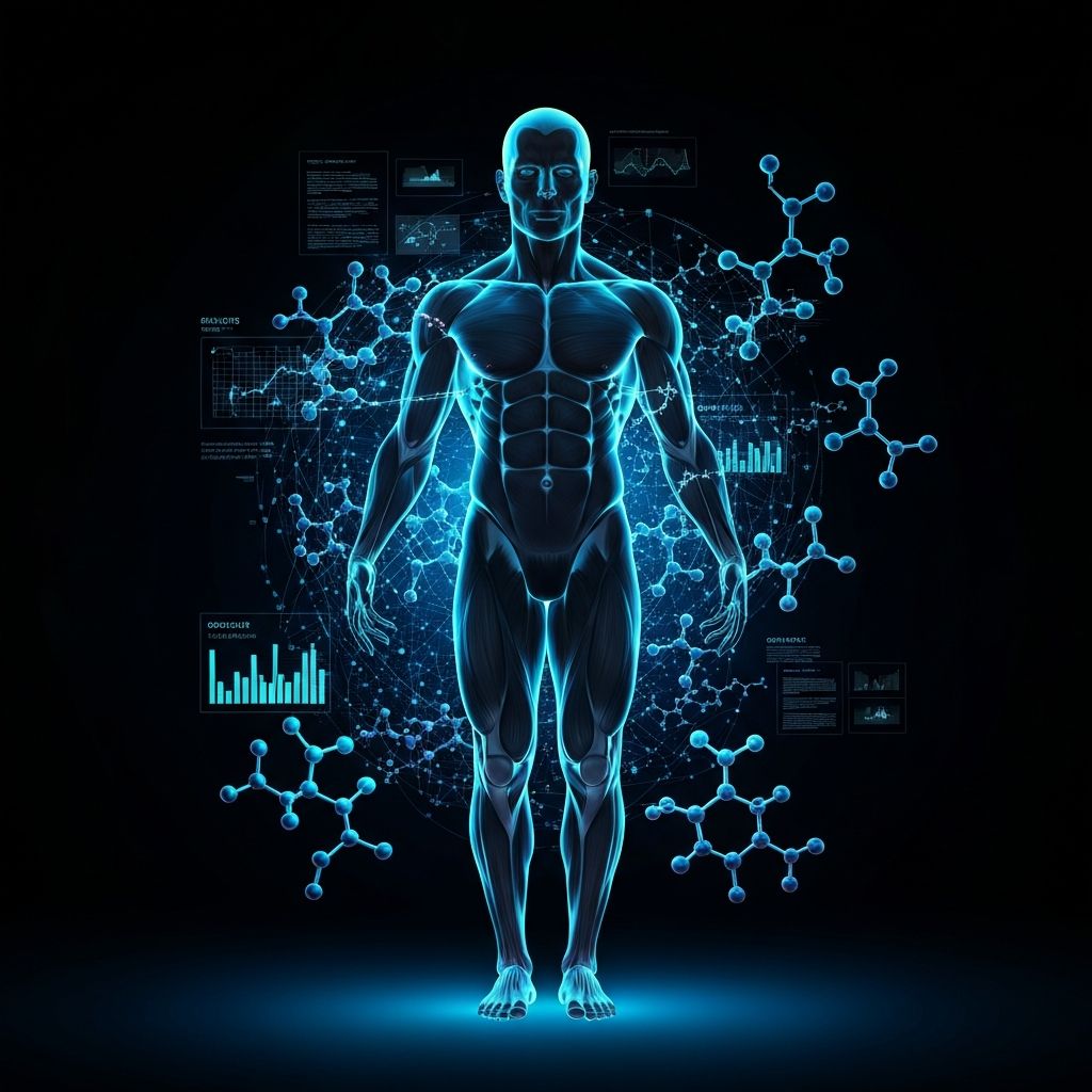 Muscular human figure with molecular structures representing peptide optimization