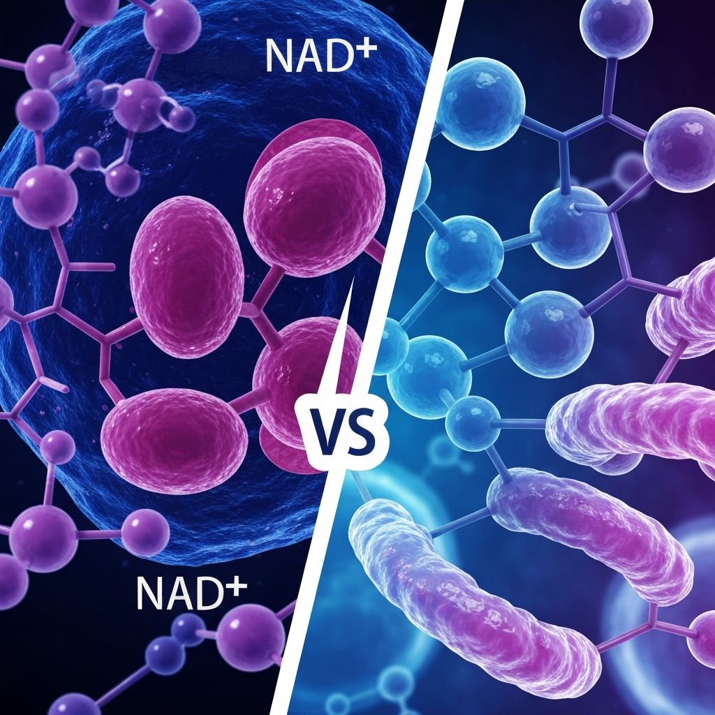 Cellular aging research model showing NAD+ metabolism and peptide signaling