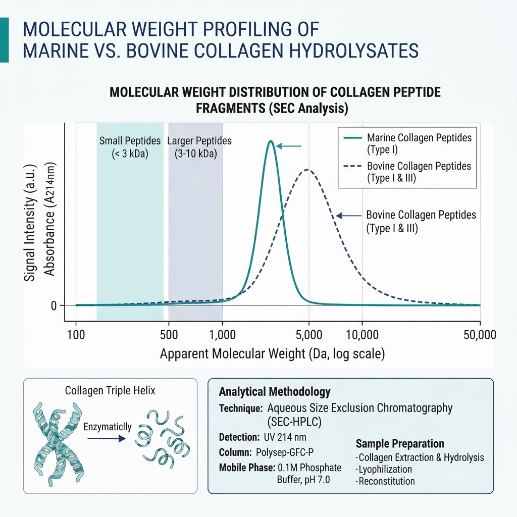 Molecular weight distribution comparison of marine and bovine collagen