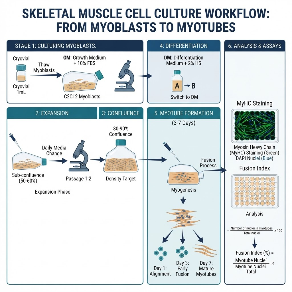 Skeletal muscle cell culture workflow for peptide research