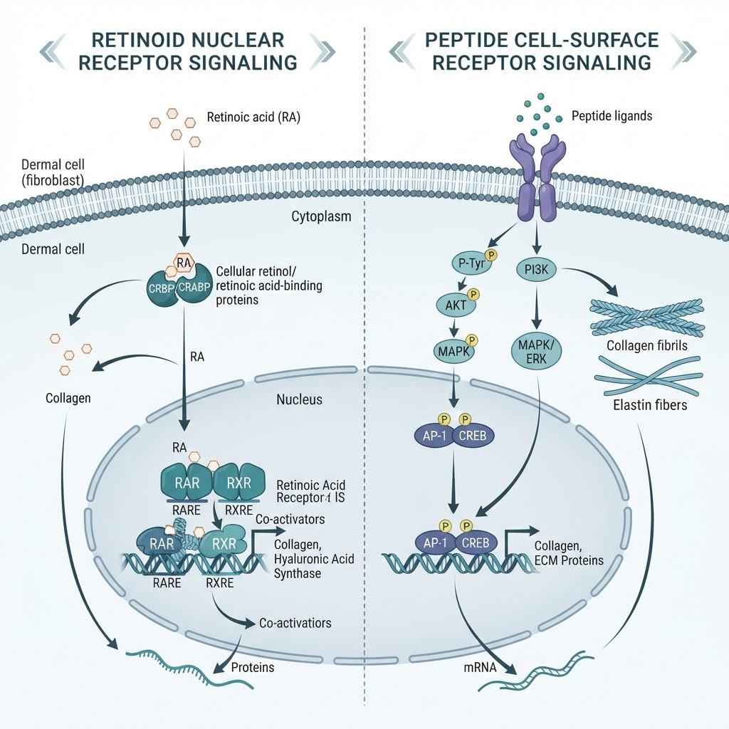 Retinoid and peptide signaling mechanisms in dermal cell research